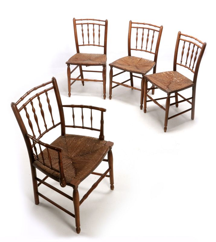 FOUR ANTIQUE RUSH SEAT CHAIRS 