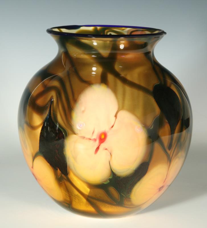 A CHARLES LOTTON MULTI FLORA ART GLASS VASE DATED 