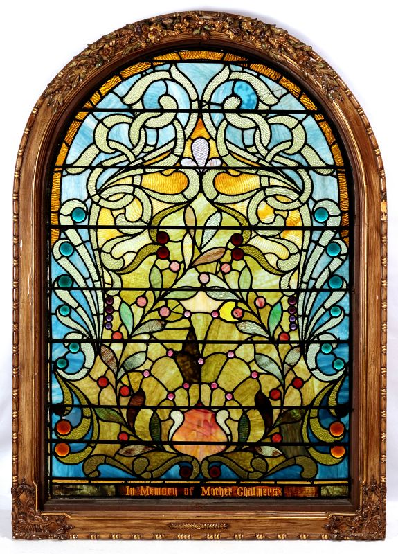 A LARGE 19TH C. STAINED GLASS WINDOW WITH JEWELS