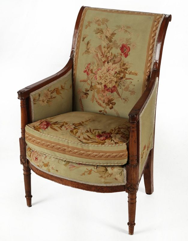 A 19TH CENTURY LOUIS XVI STYLE TAPESTRY BERGERE