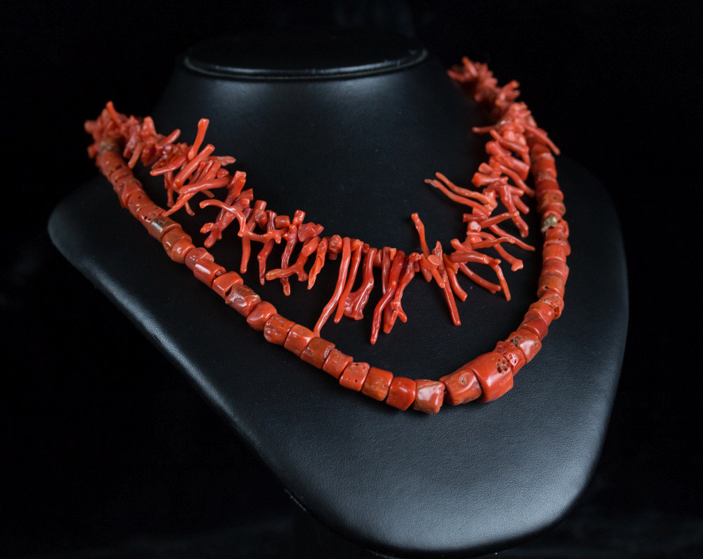 TWO NATURAL RED CORAL NECKLACE STRANDS 