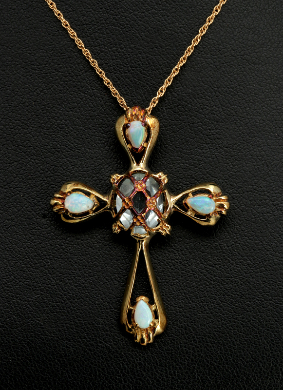 A 14K GOLD CROSS PENDANT WITH OPALS