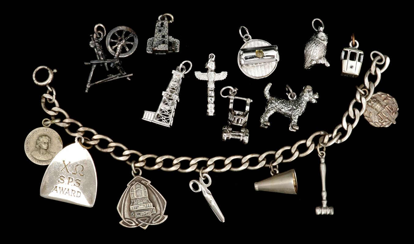 VINTAGE STERLING SILVER CHARMS AND CHARM BRACELET