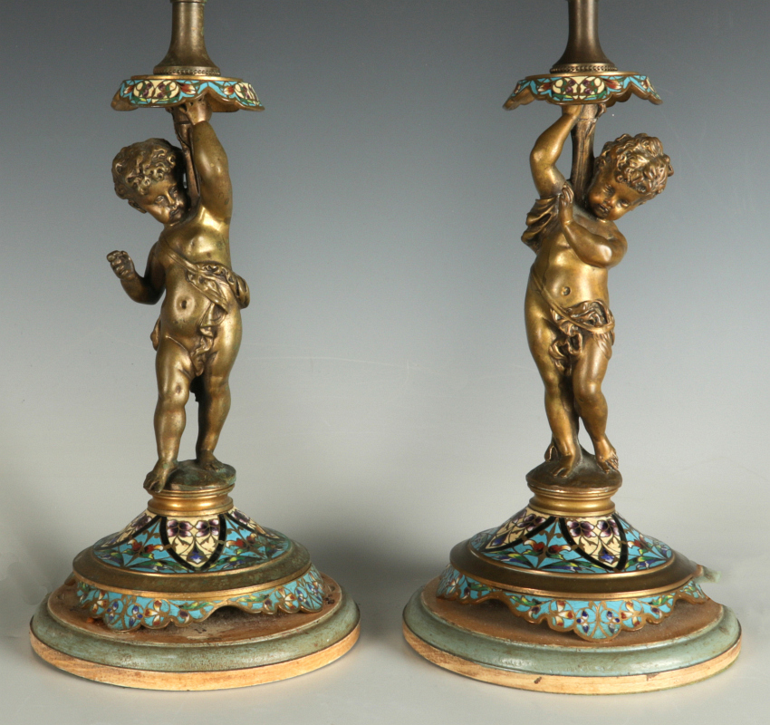 EARLY 20TH C. BRONZE AND CHAMPLEVE' PUTTO LAMPS
