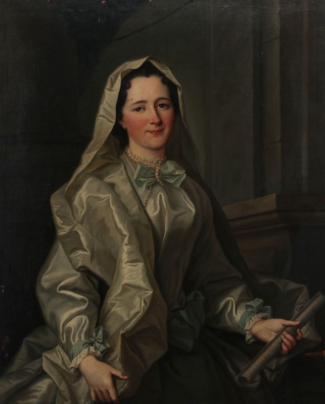 AN 18TH CENTURY PORTRAIT OF A LADY IN SATIN DRESS 