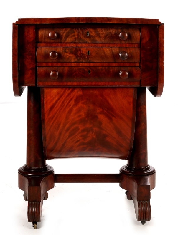 AN UNUSUAL 19TH C. FLAME MAHOGANY SEWING STAND