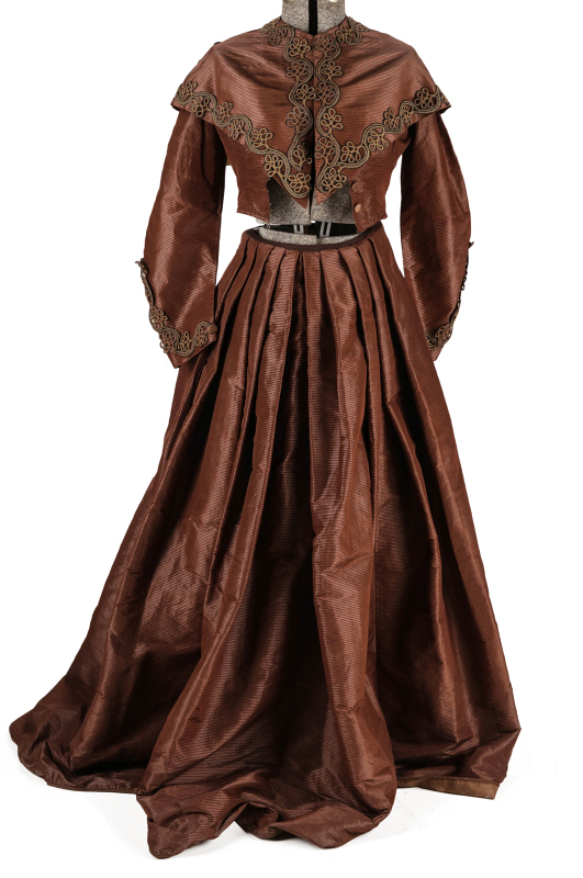 A CIRCA 1860 VICTORIAN SATIN DRESS AND PELERINE