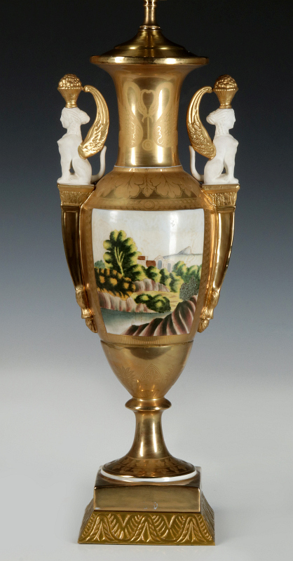 A 19TH C. FRENCH PORCELAIN URN, NOW AS TABLE LAMP