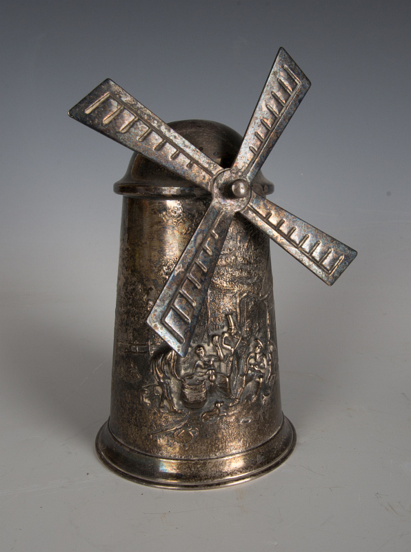A SILVER PLATED DUTCH WINDMILL ANIMATED BANK