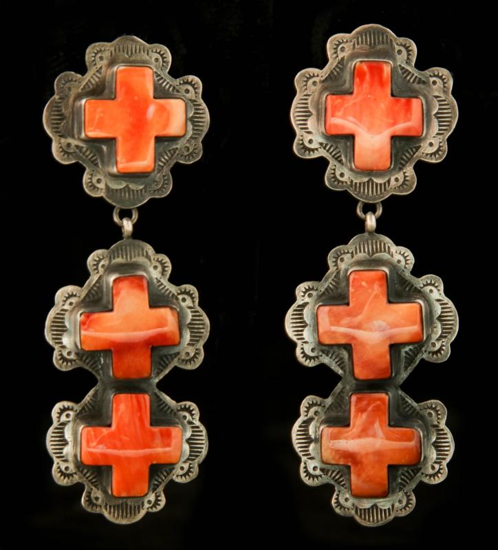 NAVAJO STERLING AND CORAL CROSS EARRING PAIR