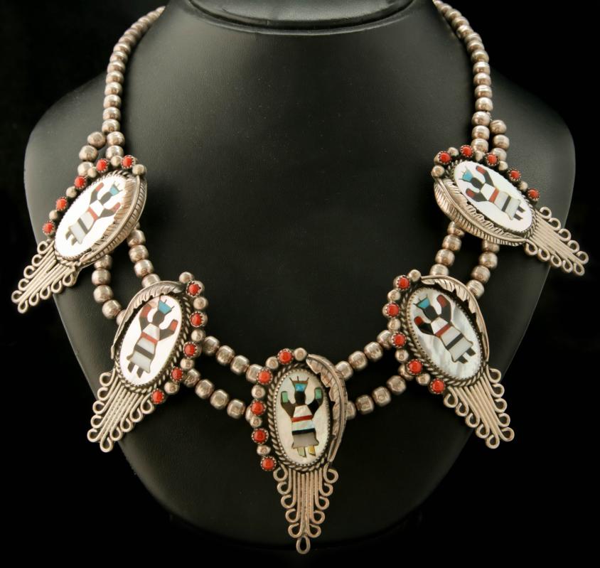A NAVAJO STERLING KACHINA INLAID PENDANT NECKLACE