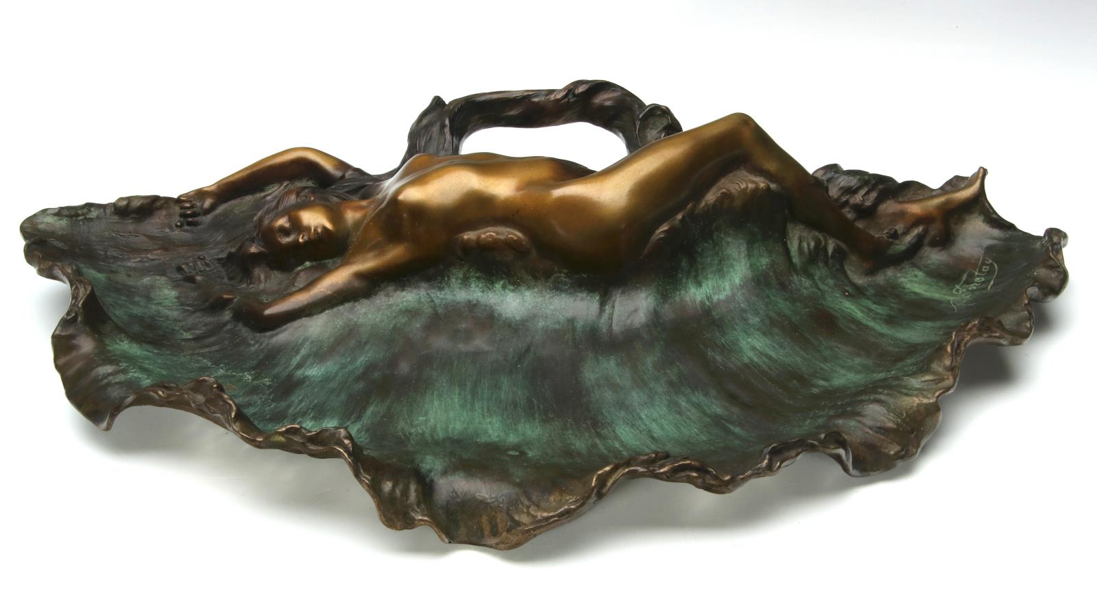 A MODERN SHELL-FORM BRONZE TRAY WITH NUDE