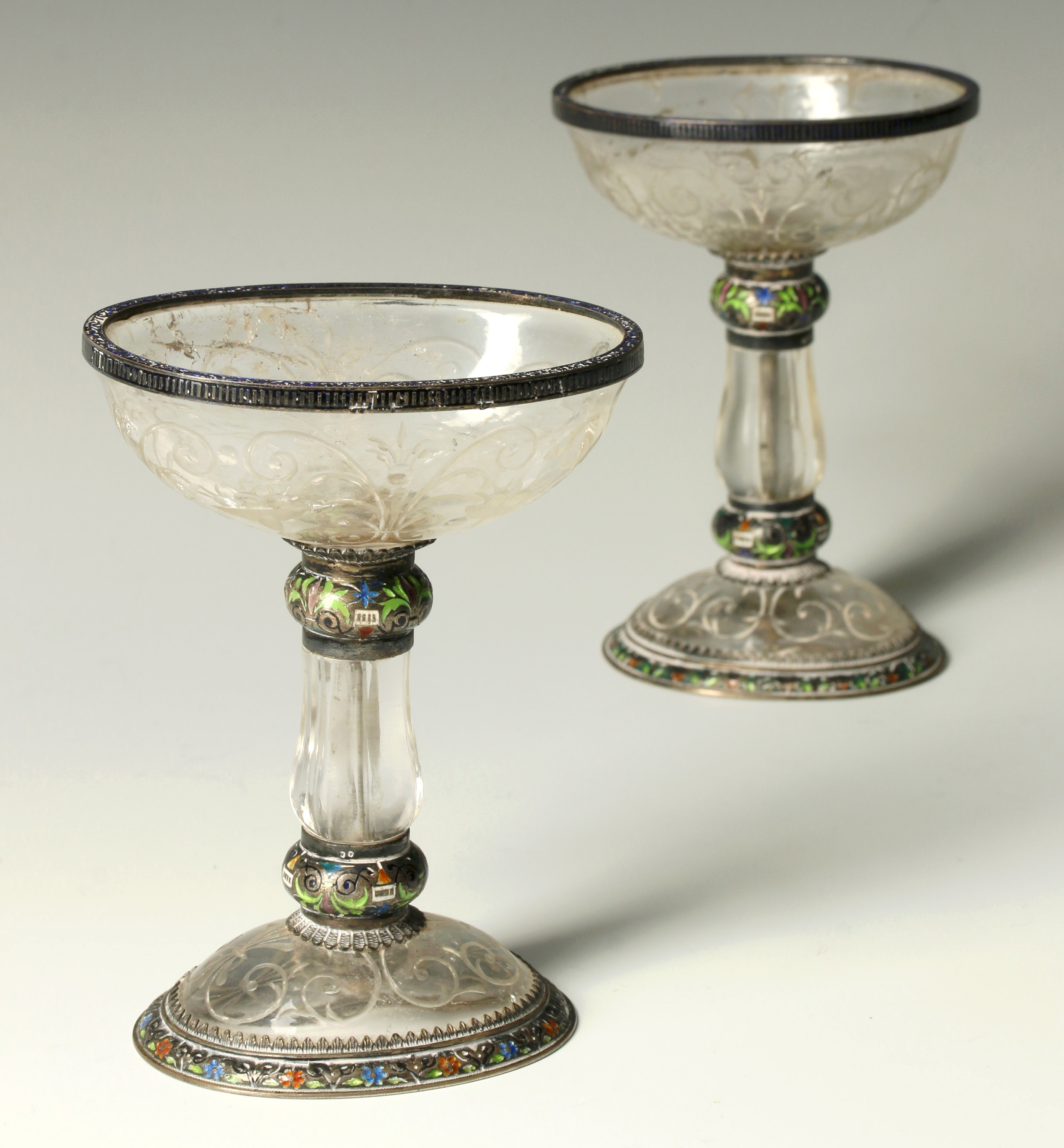 H. BOHM VIENNESE ROCK CRYSTAL AND SILVER ENAMEL TAZZA