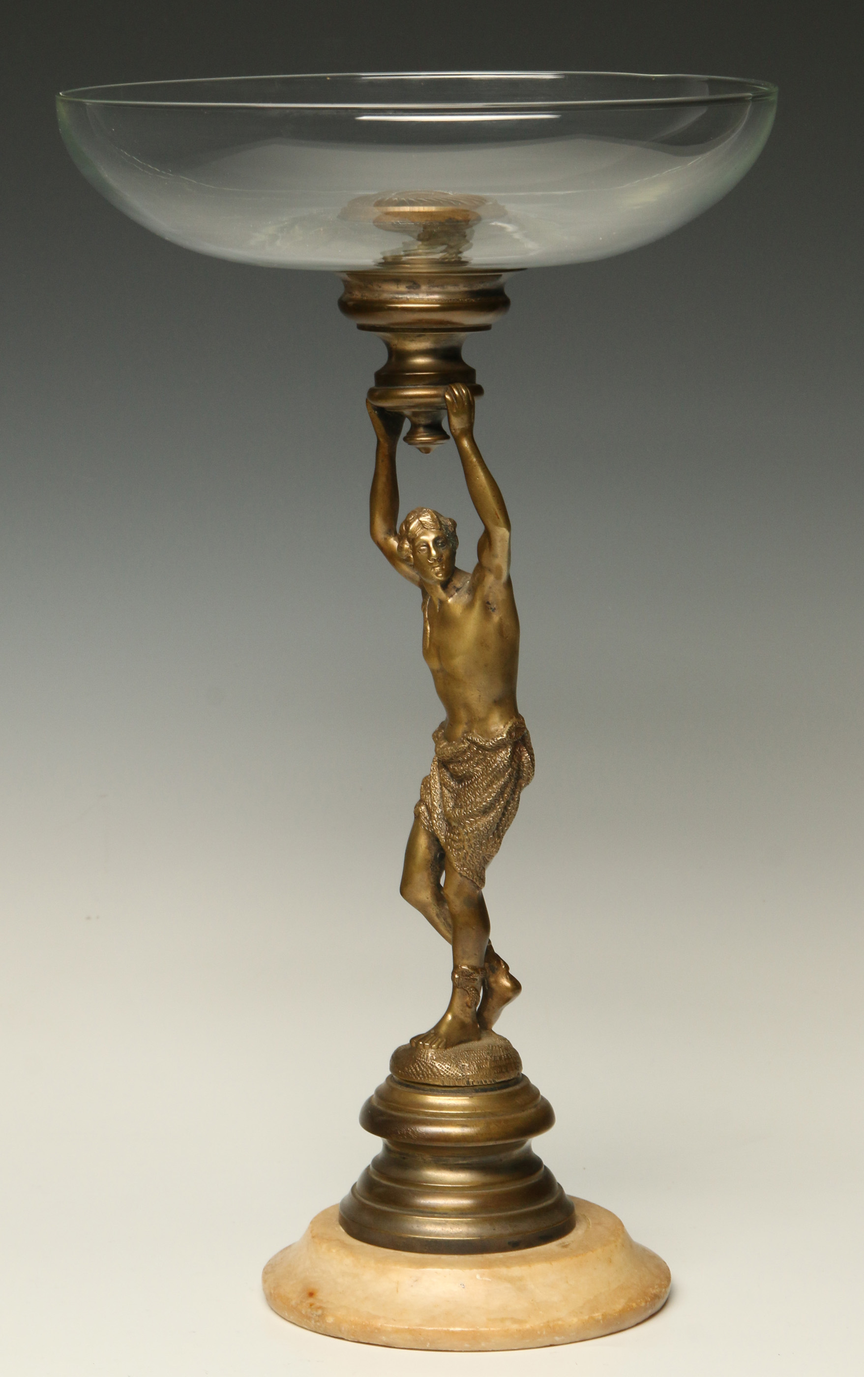 A CIRCA 1900 BRONZE, MARBLE AND CRYSTAL FIGURAL TA