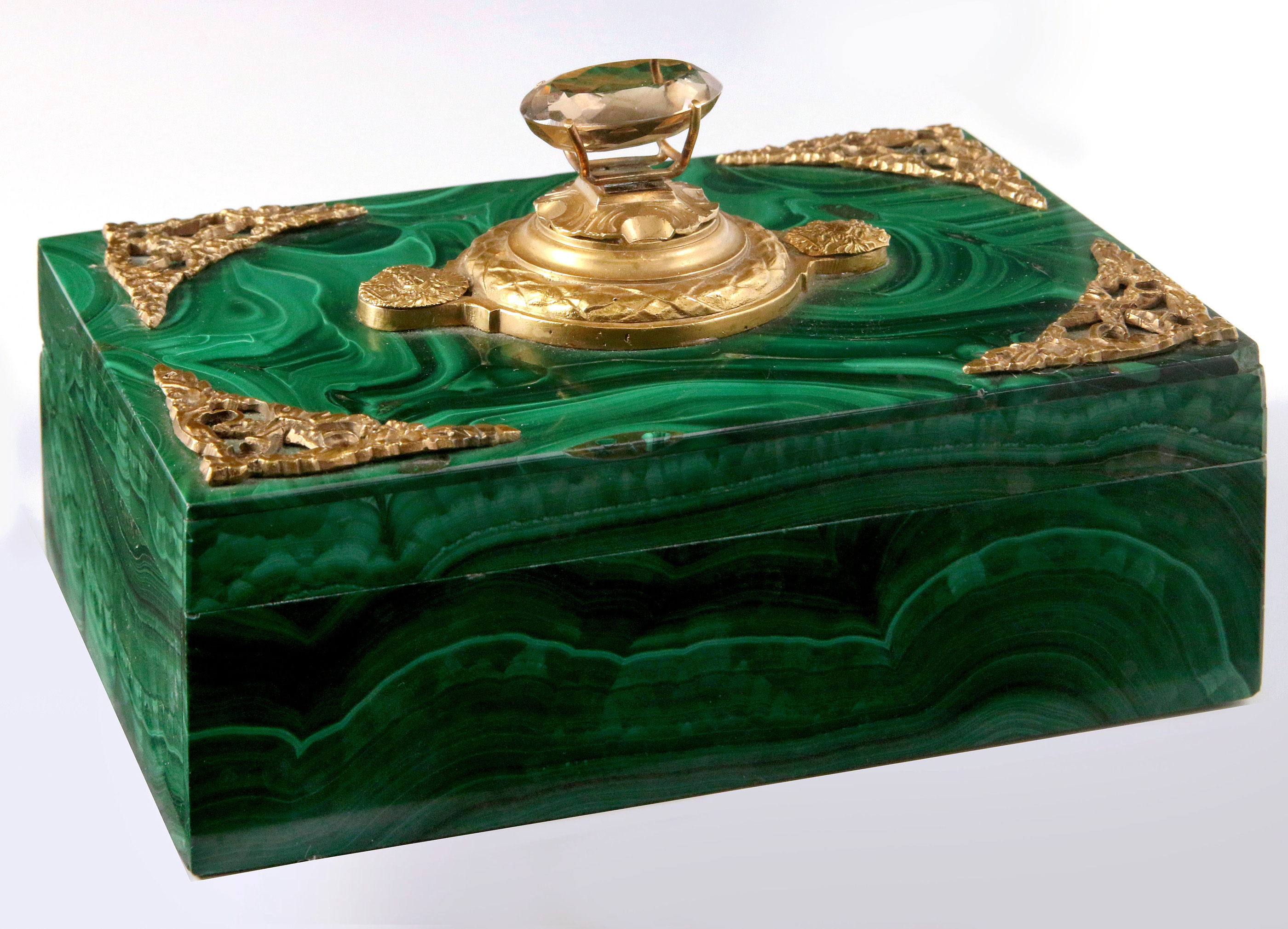 A 19TH C. RUSSIAN MALACHITE BOX WITH FACETED CITRI