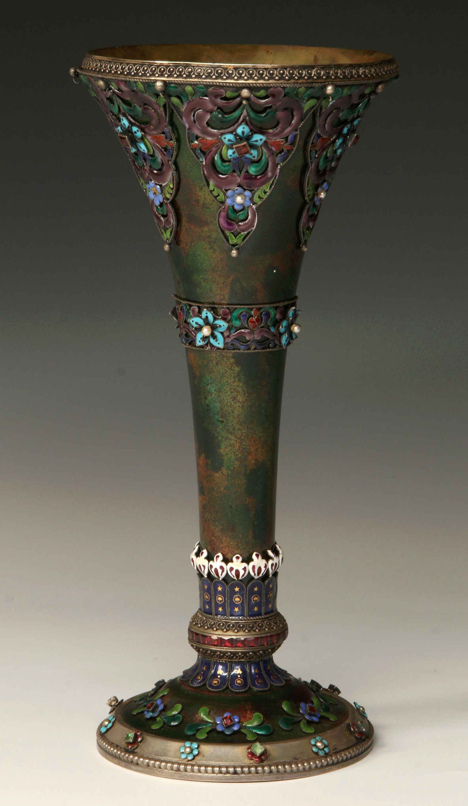 A CONTINETAL PARCEL GILT, JEWELED AND ENAMELD VASE