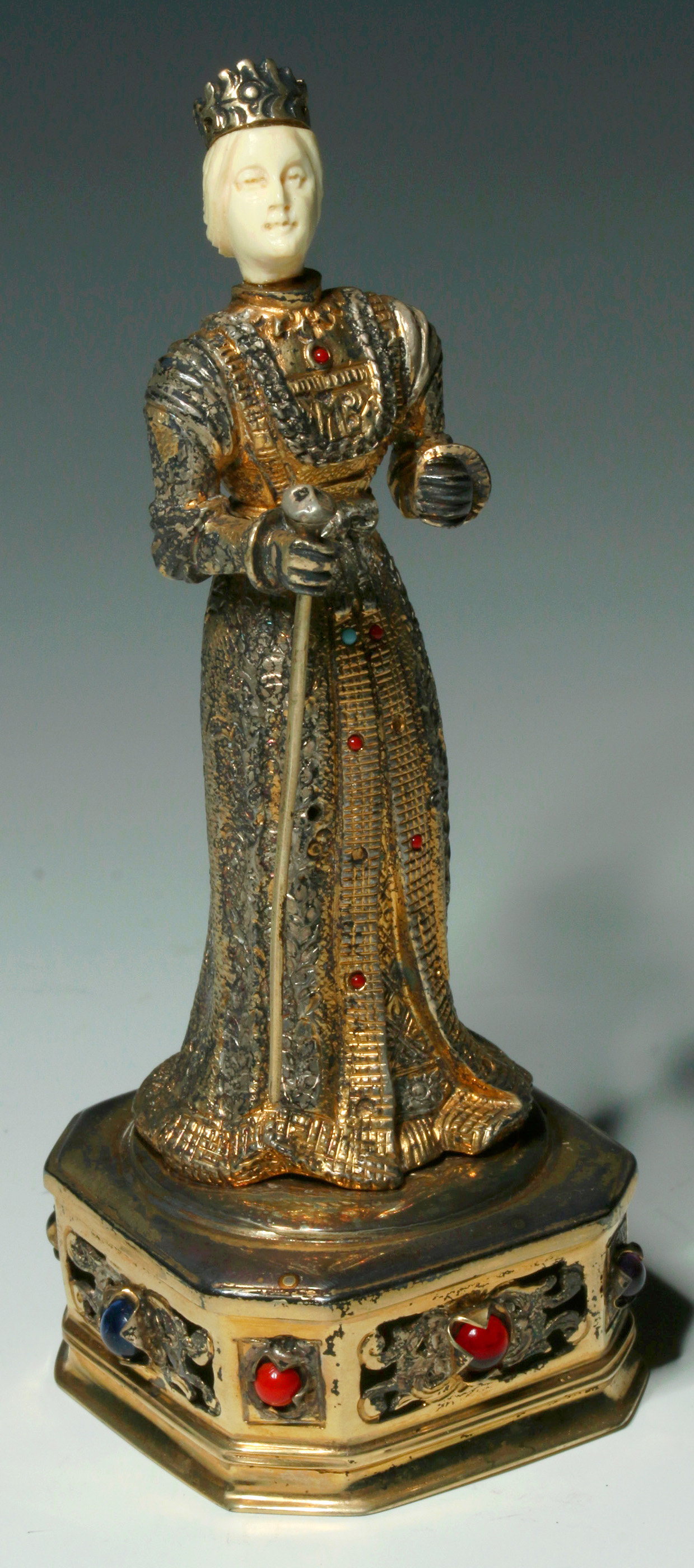 A 19TH C. CONTINENTAL SILVER GILT AND IVORY FIGURE