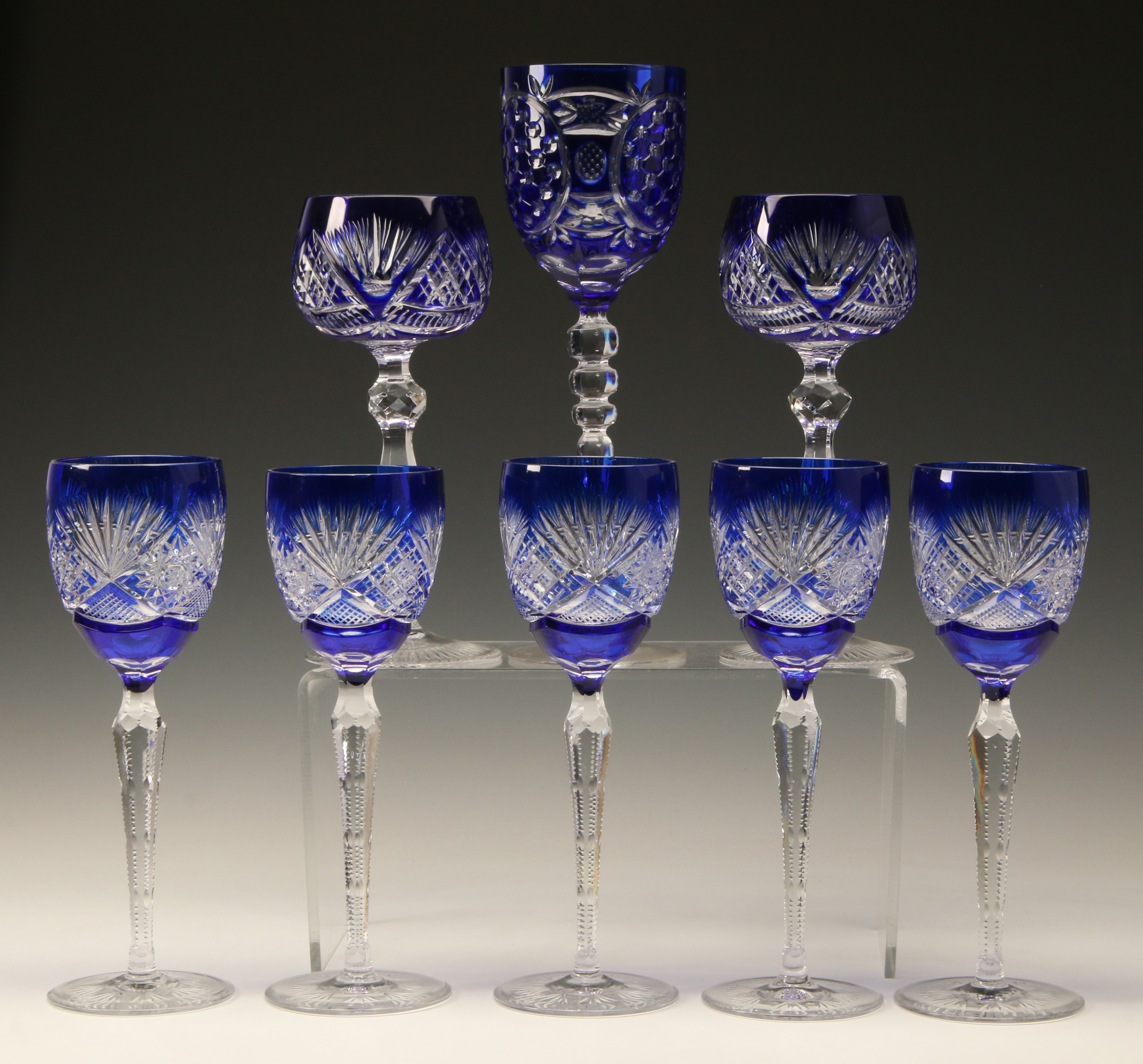 EIGHT BLUE CUT TO CLEAR GLASS WINE GOBLETS