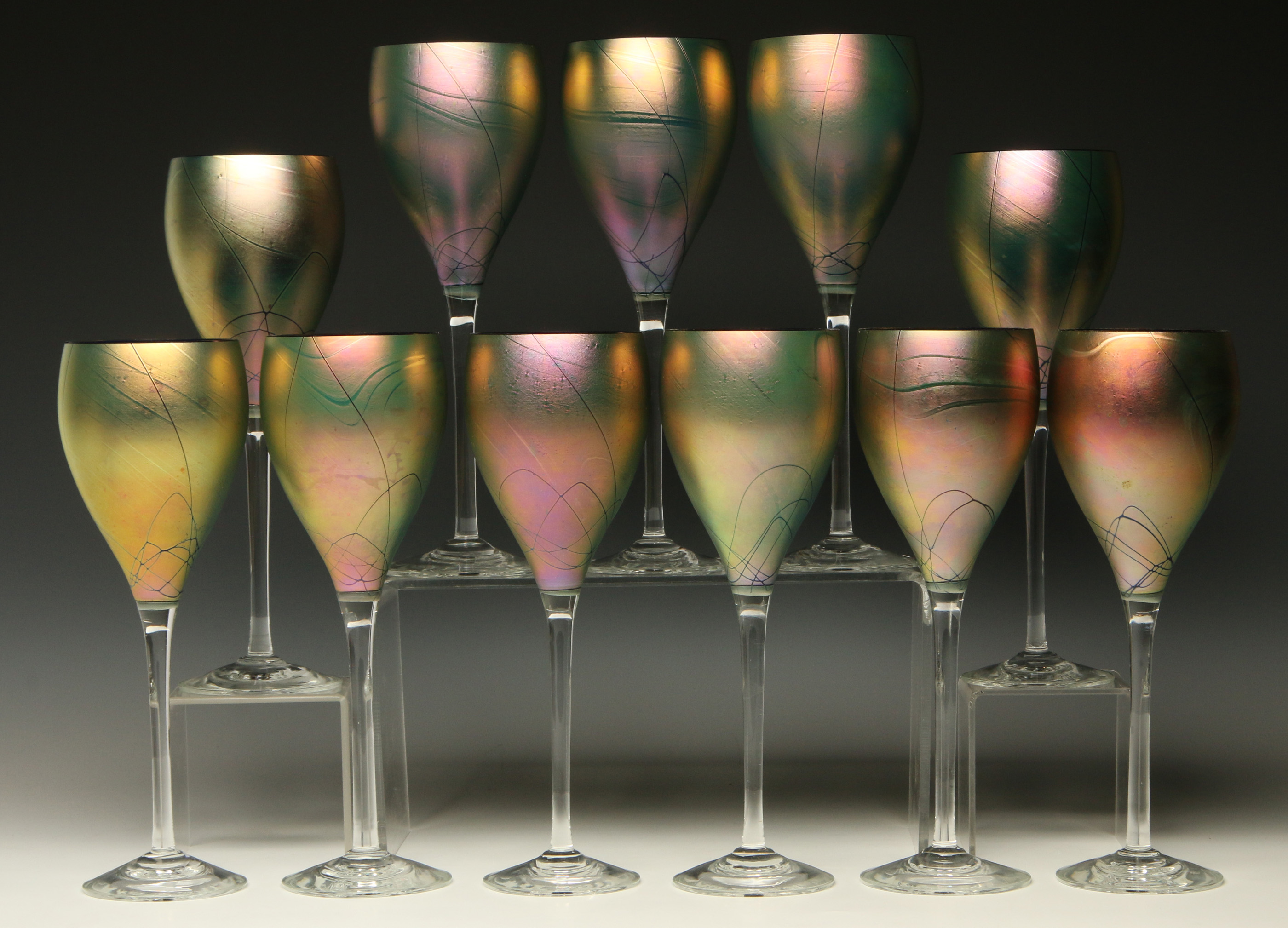 ELEVEN STEVEN MASLACH IRIDESCENT ART GLASS GOBLETS