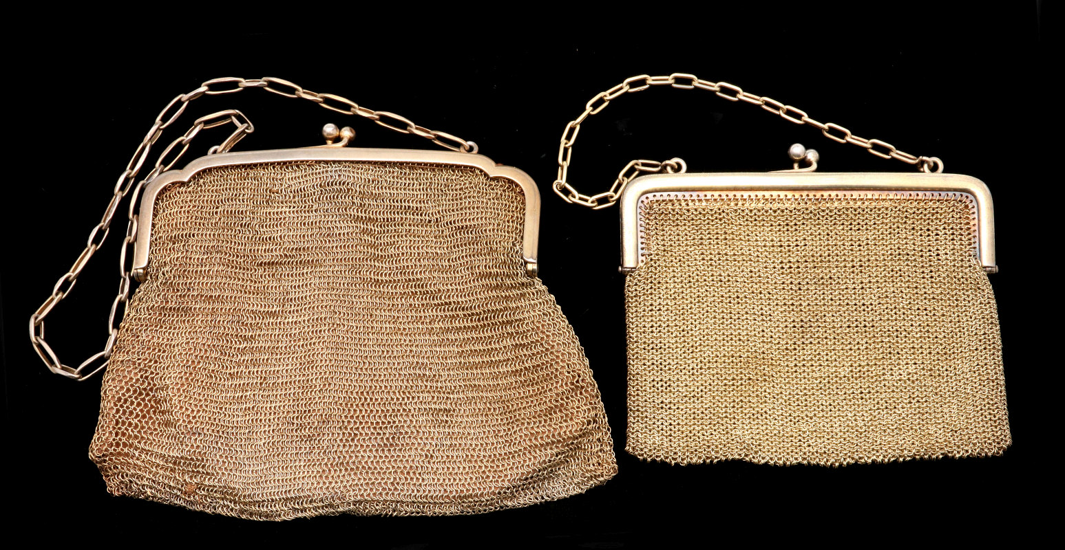 TWO ANTIQUE GOLD WASH PURSES INCLUDING 800 SILVER