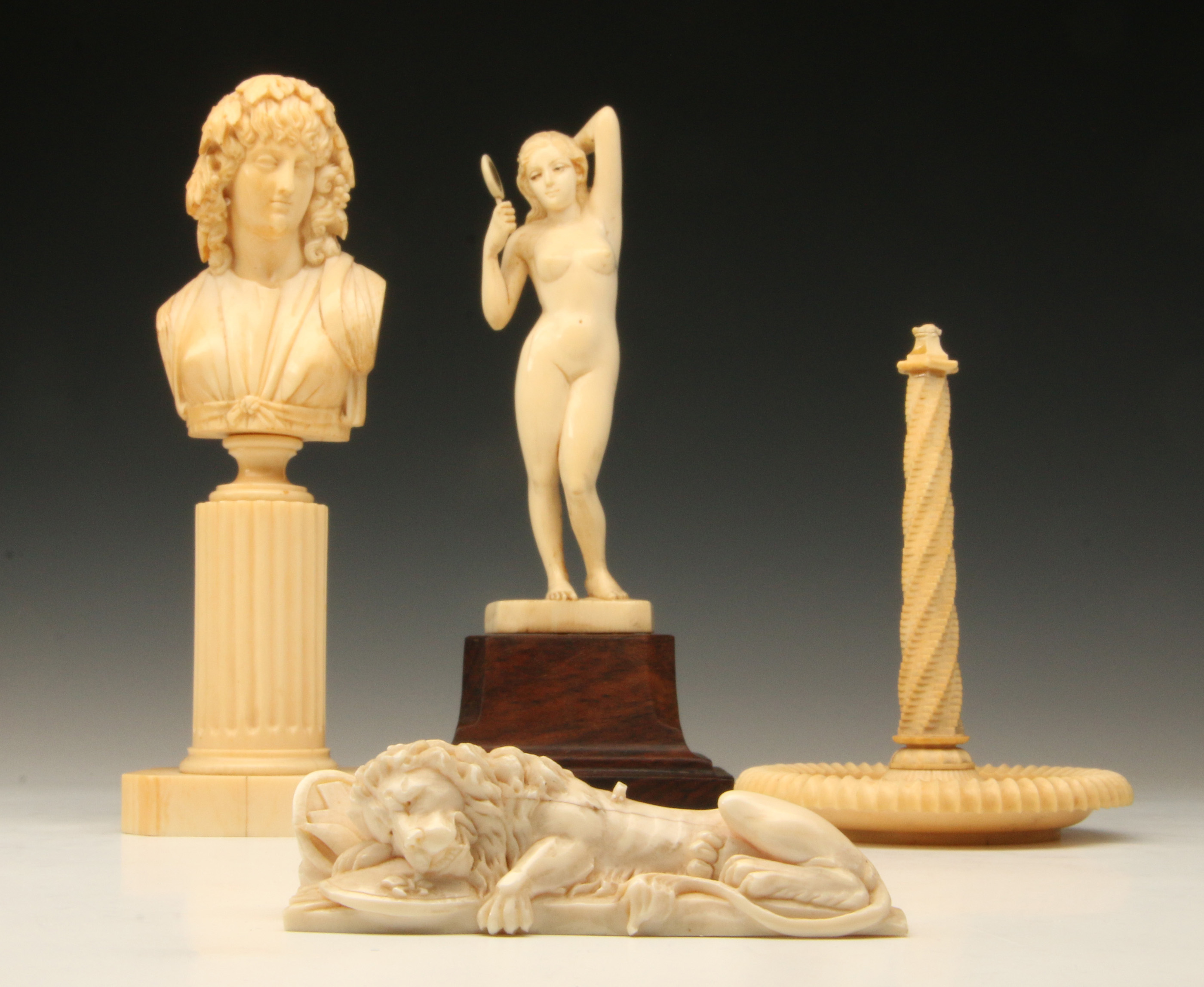 FOUR 19TH C. EUROPEAN CARVED IVORY ART OBJECTS