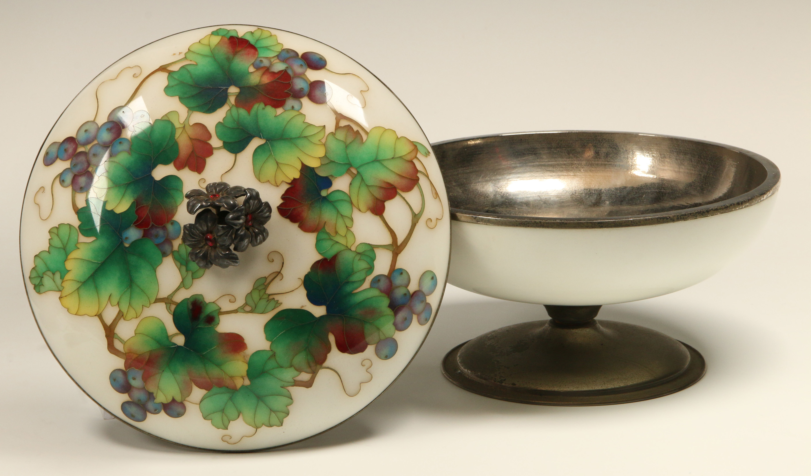 A FINE JAPANESE SILVER CLOISONNE COVERED PIECE