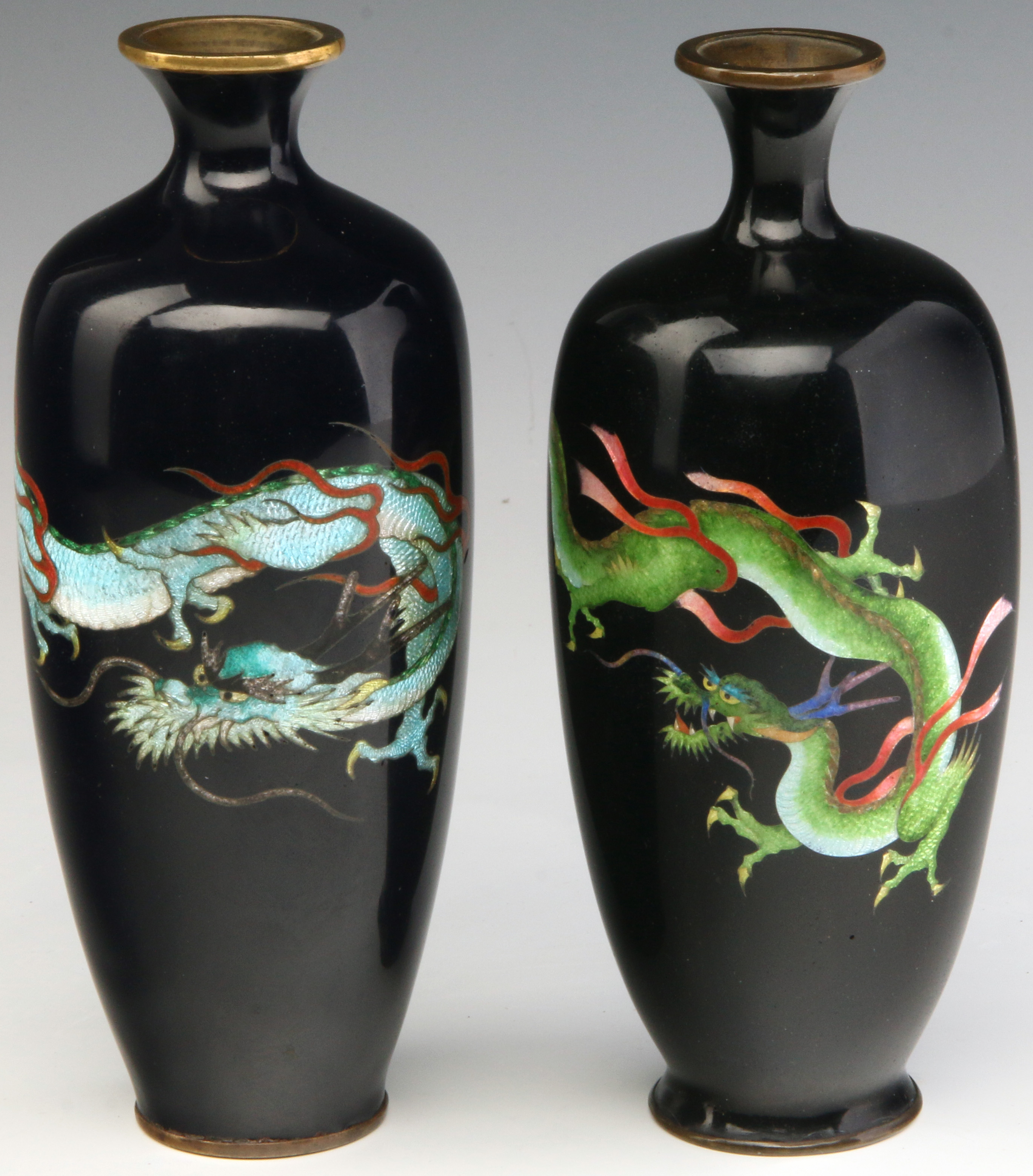 TWO EARLY 20TH C JAPANESE CLOISONNE CABINET VASES