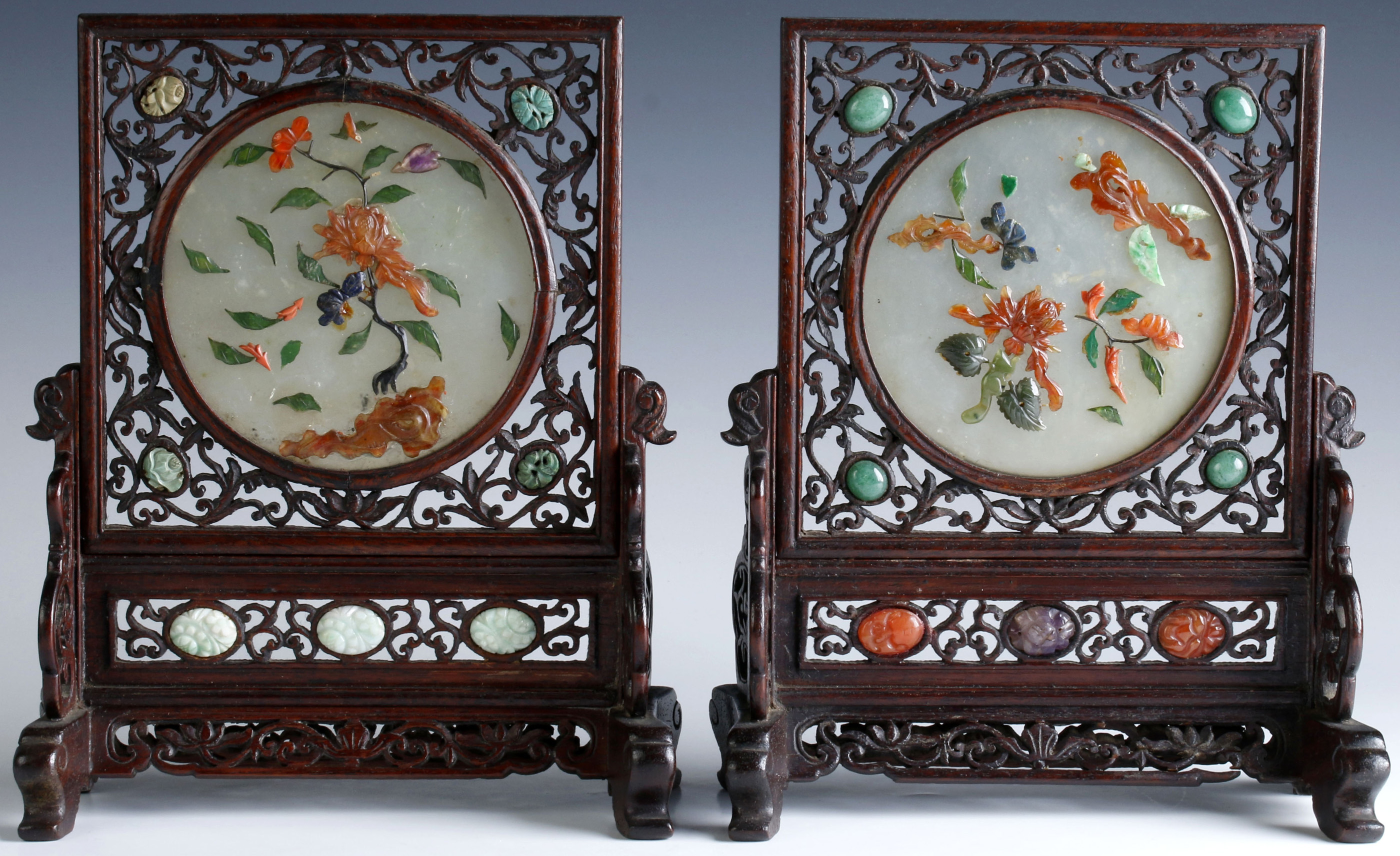 PAIR EARLY 20TH C. CHINESE JADE INSET TABLE SCREEN