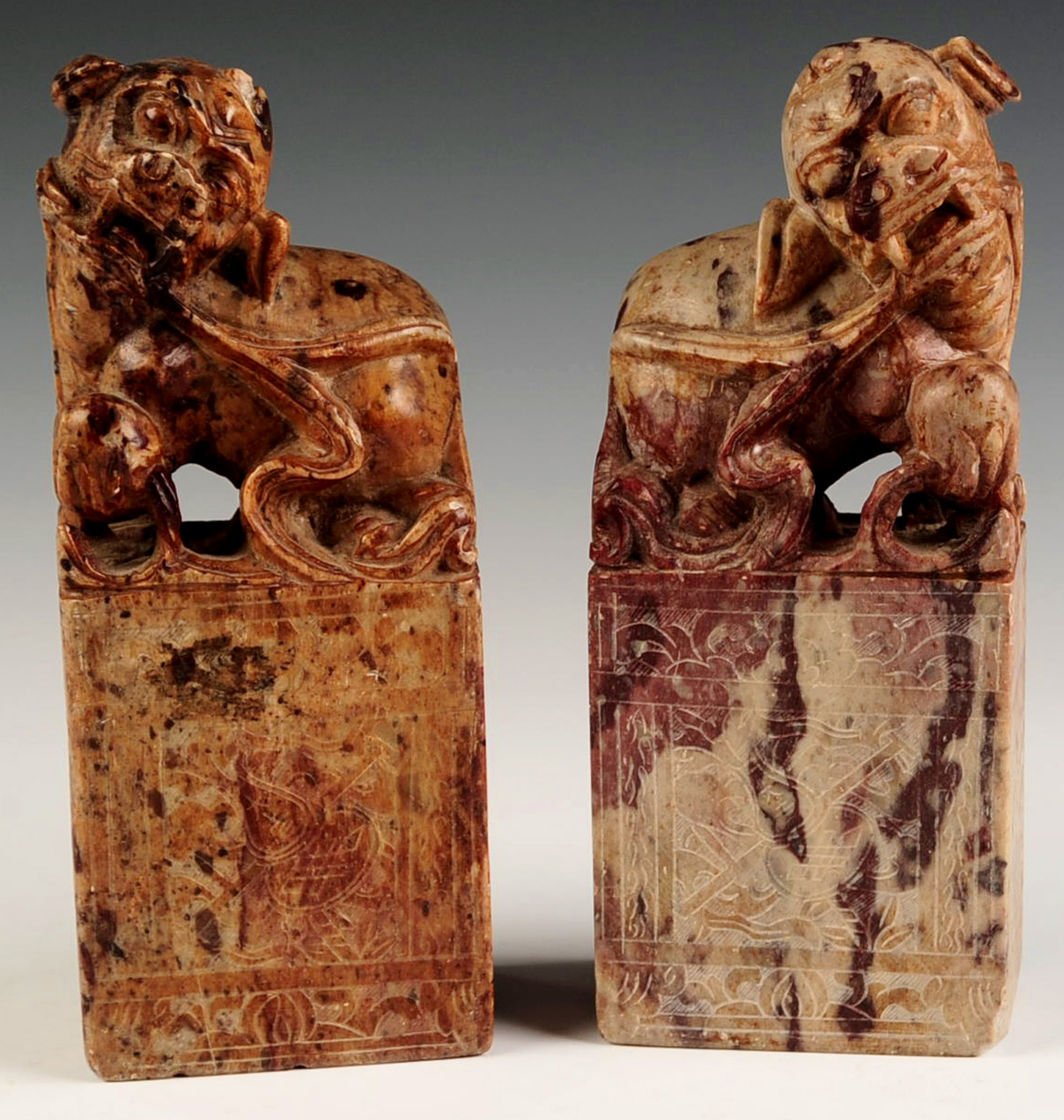 A PAIR CHINESE CARVED SOAPSTONE FU DOGS
