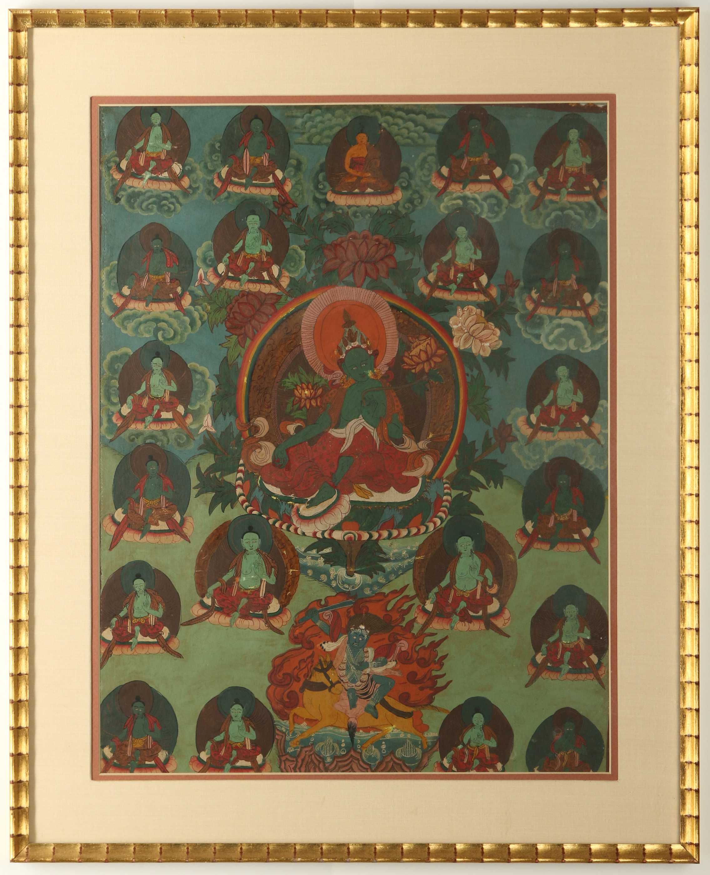 AN EARLY 20TH C. TIBETAN HAND PAINTED BUDDHIST THA