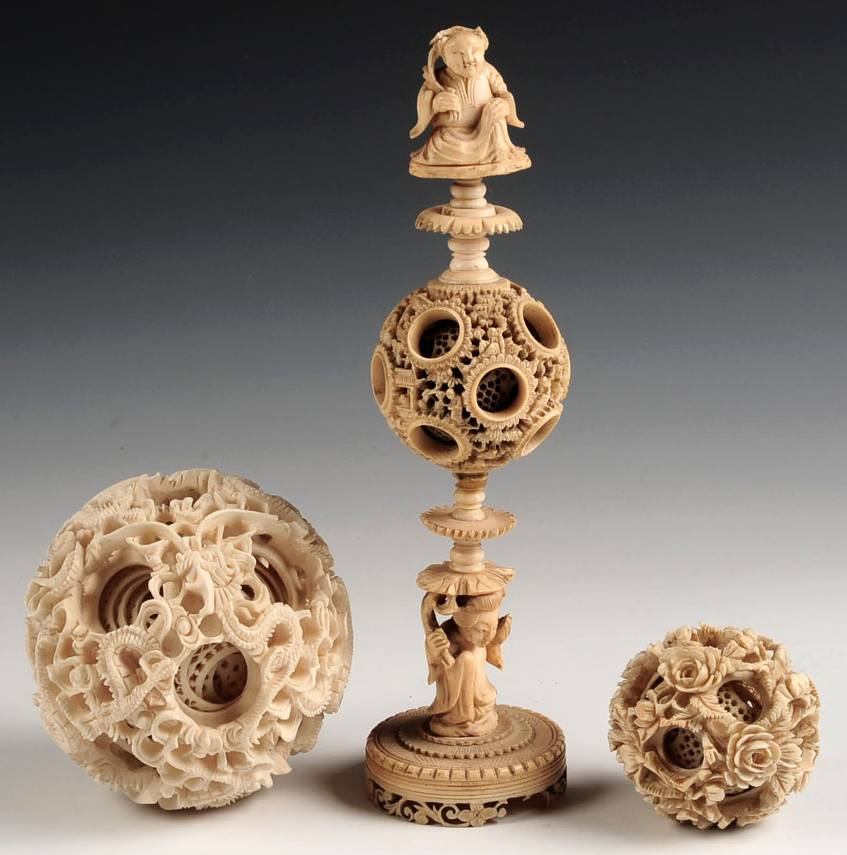 THREE CHINESE CARVED IVORY MYSTERY BALLS