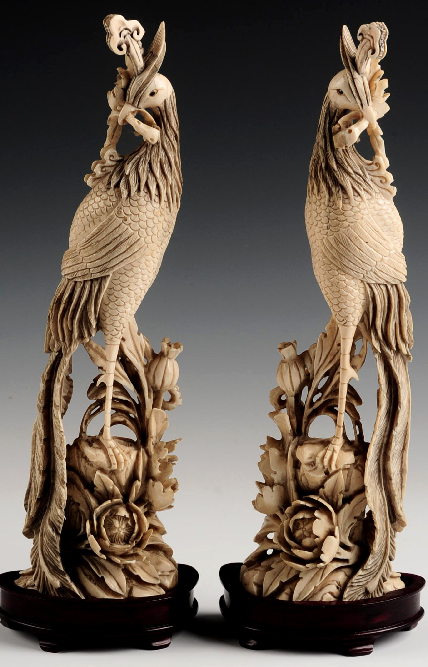 A PAIR OF FINELY CARVED CHINESE IVORY PHOENIX BIRD