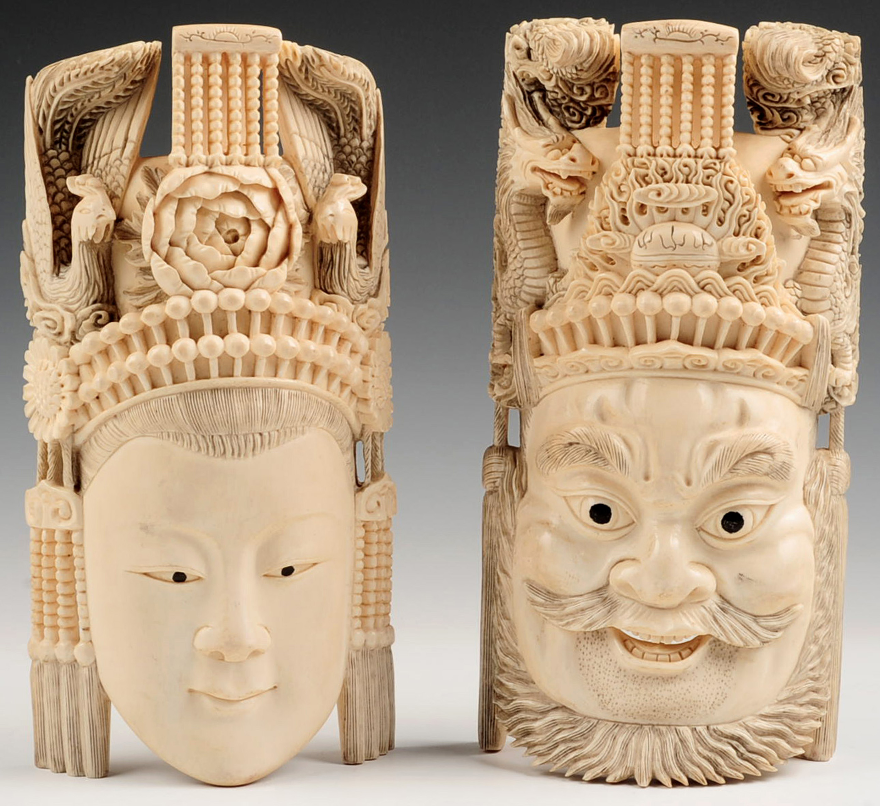 PAIR CHINESE ANTIQUE CARVED IVORY EMPORER EMPRESS 