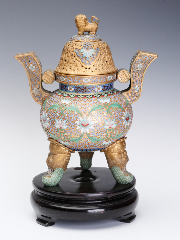 A GOOD GILDED CHINESE CHAMPLEVE' CLOISONNE CENSOR