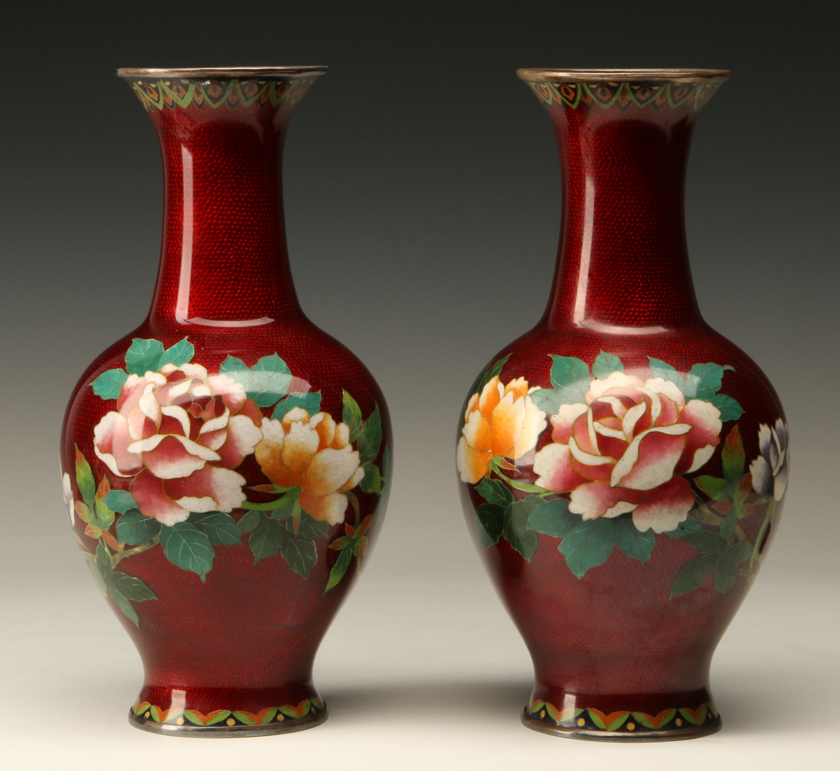 A PAIR OF JAPANESE RUBY RED CLOISONNE VASES