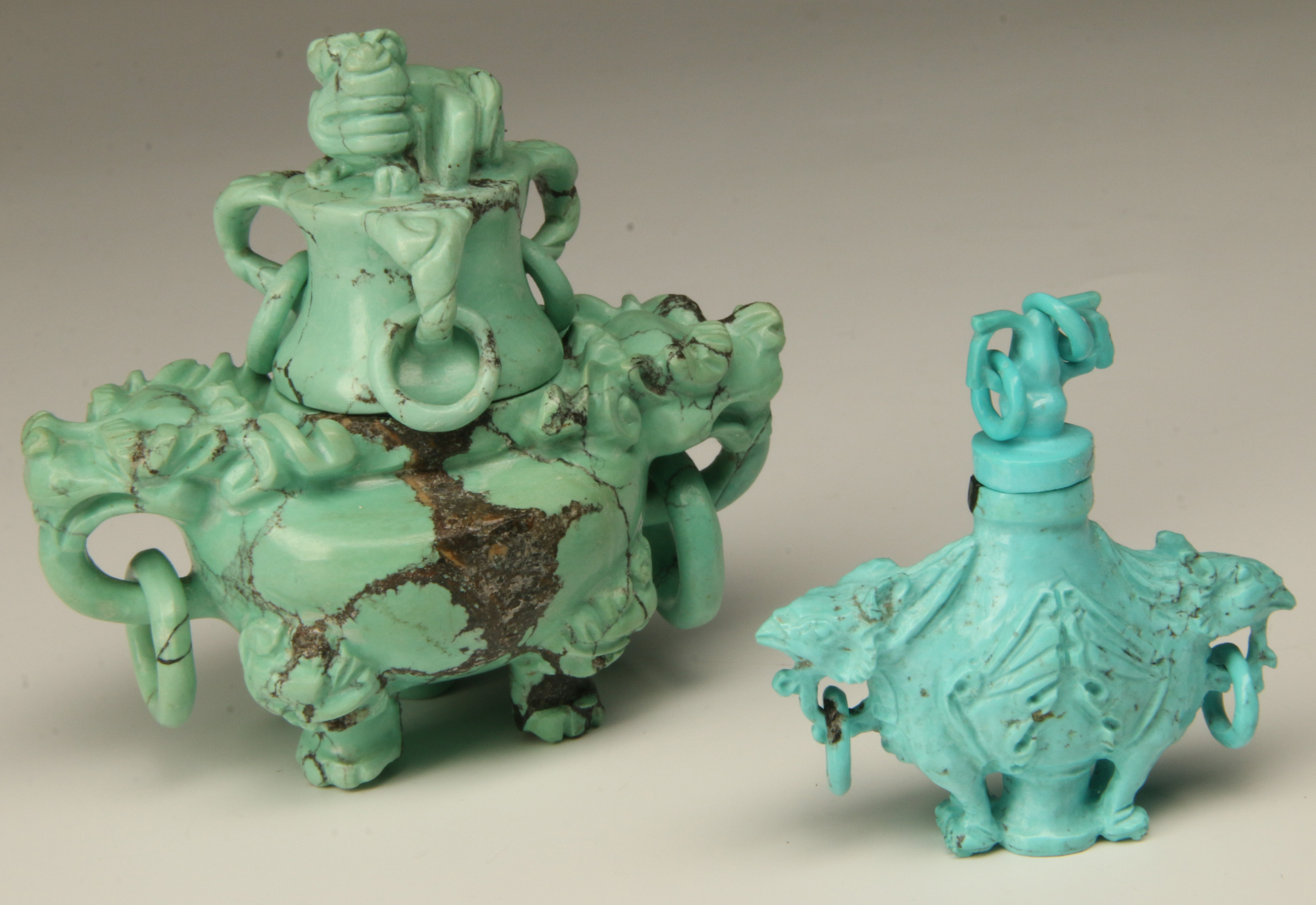 TWO CHINESE CARVED TURQUOISE ARCHAIC FORM VESSELS