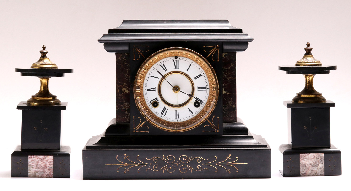 A THREE=PIECE SLATE AND MARBLE CLOCK SET C. 1880