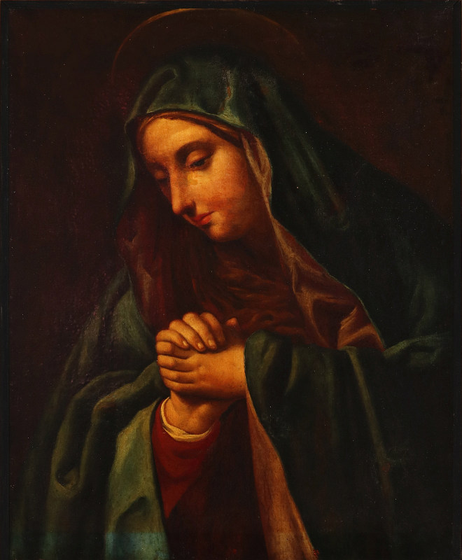 A 19TH CENTURY OIL ON CANVAS PORTRAIT OF ST. MARY