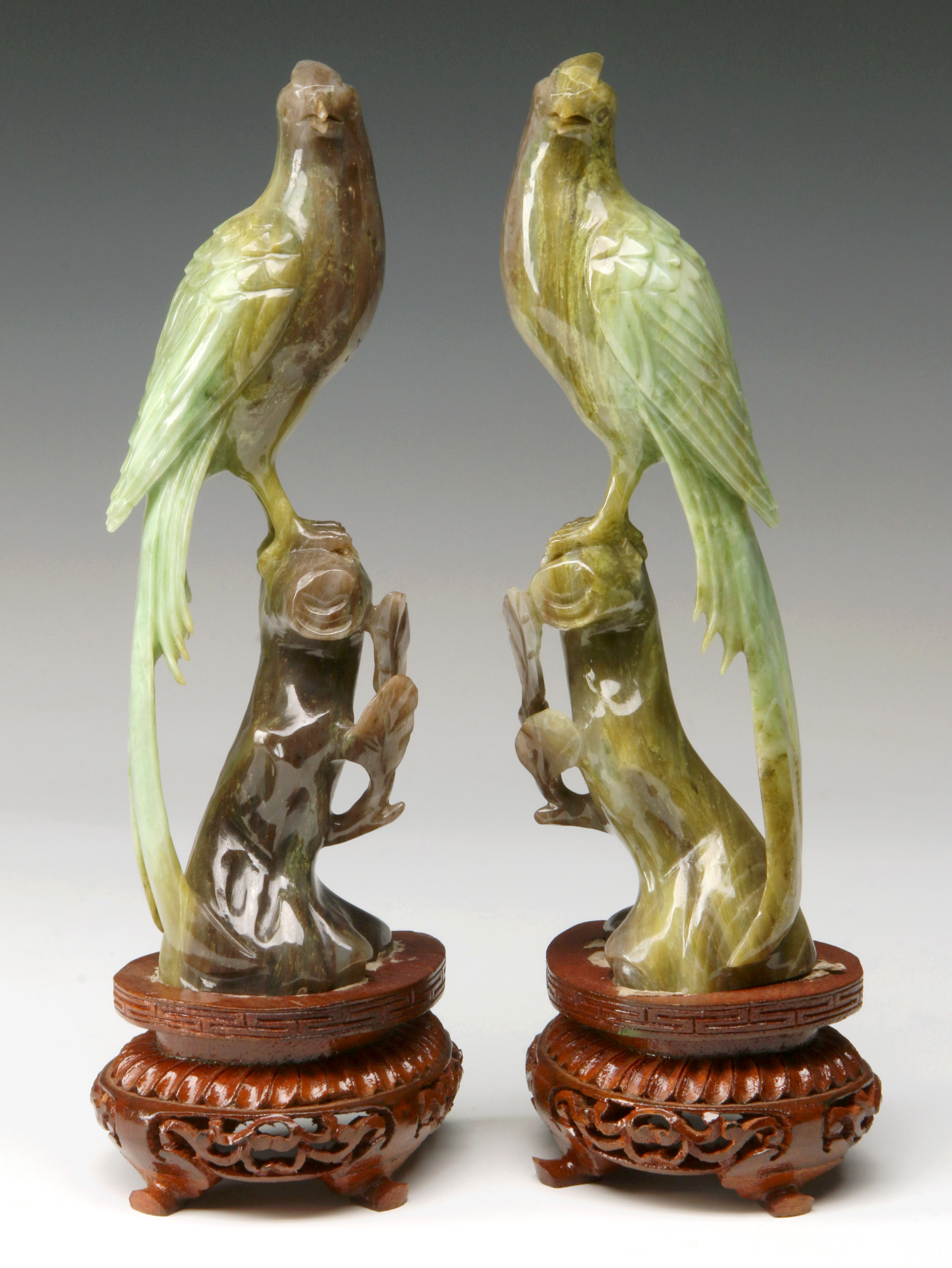 TWO CHINESE CARVED JADE LONG TAILED BIRDS