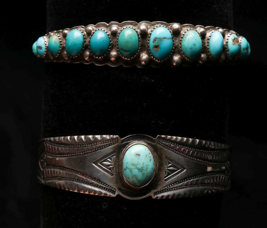TWO NAVAJO STERLING CUFF BRACELETS WITH TURQUOISE