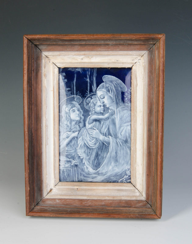A KILN FIRED ENAMEL PLAQUE OF THE MADONNA C. 1800