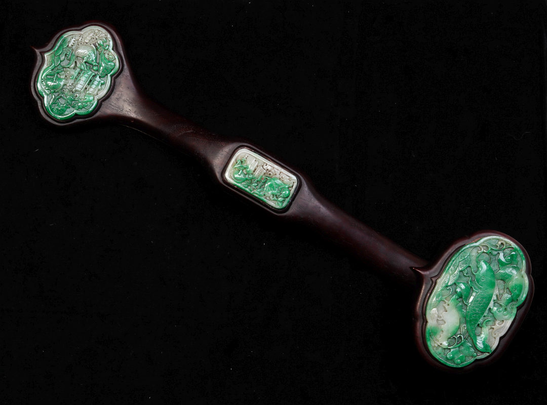 A 20TH C. CHINESE ROSEWOOD RUYI SCEPTER WITH JADE