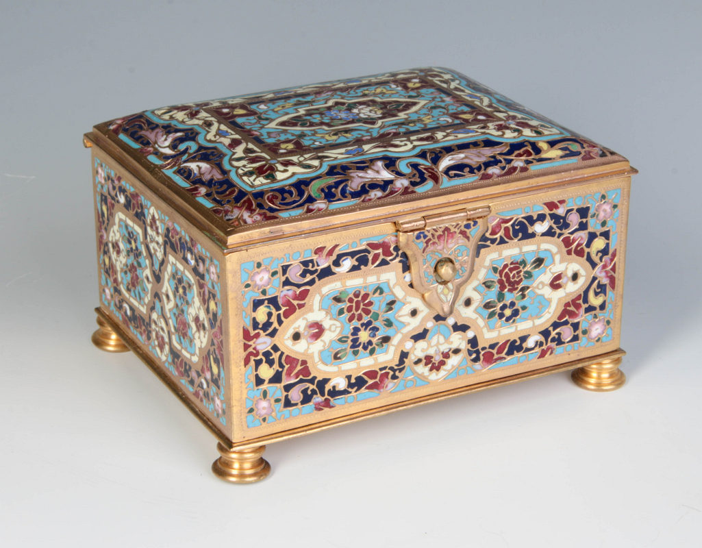 A FRENCH GILT BRONZE CASKET WITH CHAMPLEVE' ENAMEL