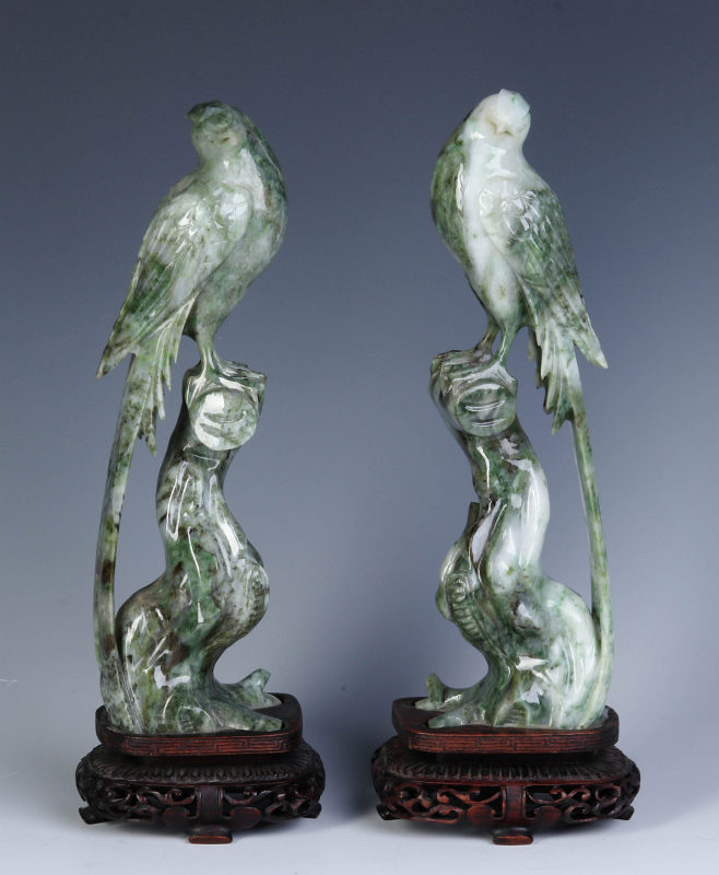 A PAIR CHINESE JADE OR HARDSTONE LONG-TAILED BIRDS