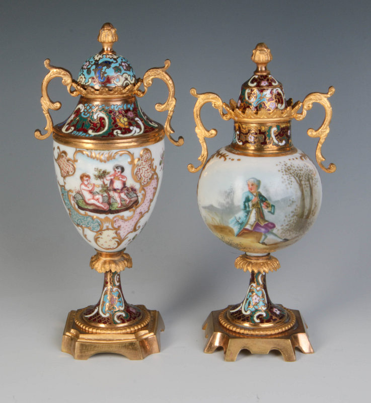 TWO CONTINENTAL CHAMPLEVE' BRONZE MOUNTED URNS