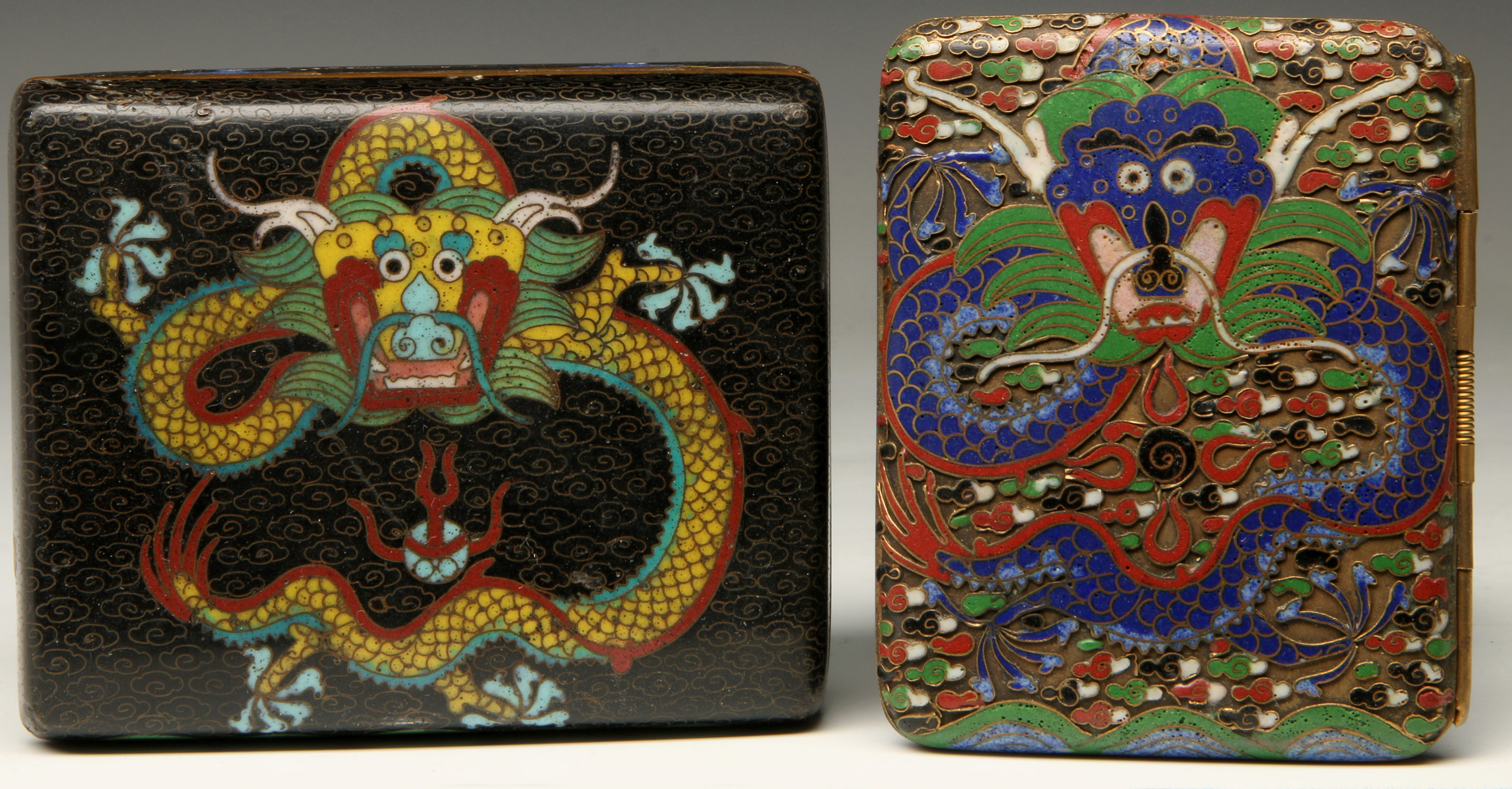 CHINESE CHAMPLEVE AND CLOISONNE DRAGON MOTIF CASES