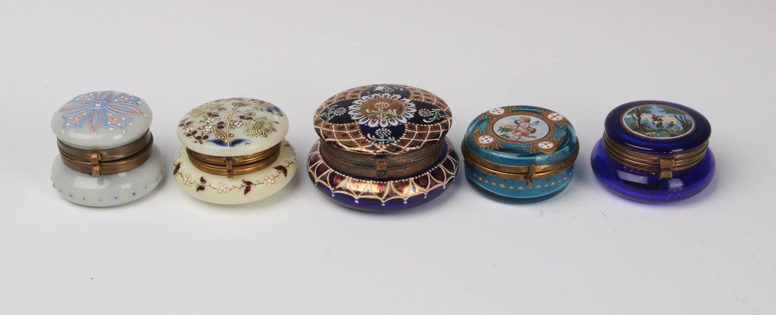 FIVE ENAMELED VICTORIAN ART GLASS RING BOXES