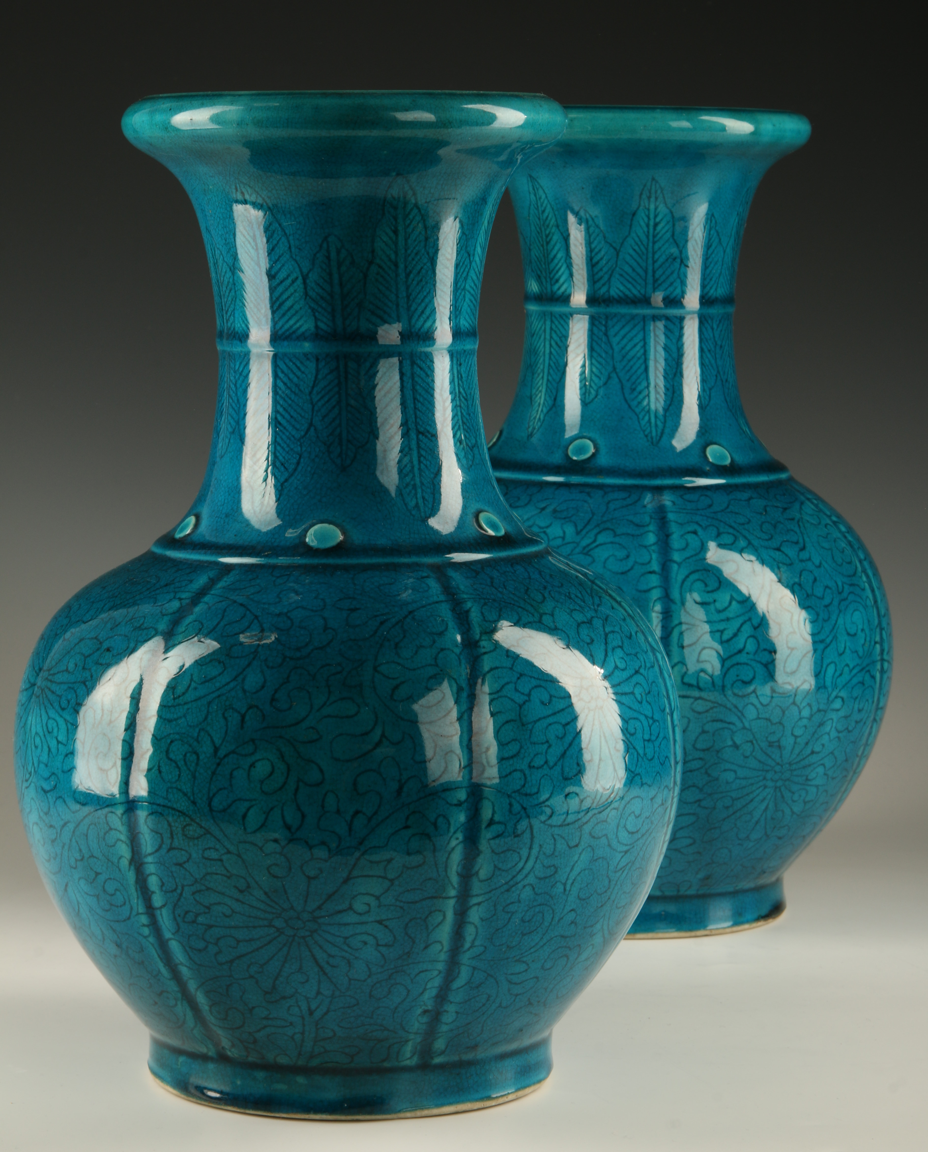 A PAIR CHINESE POTTERY VASES WITH INCISED DECORATI