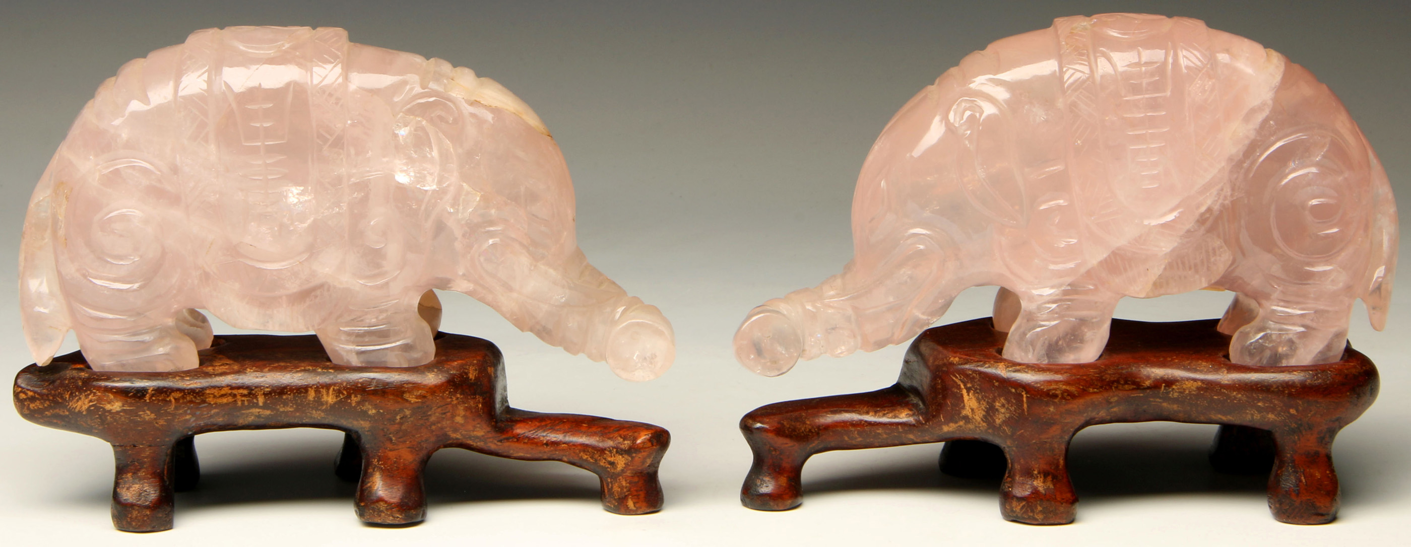 A PAIR CHINESE ROSE QUARTZ CARVED ELEPHANTS