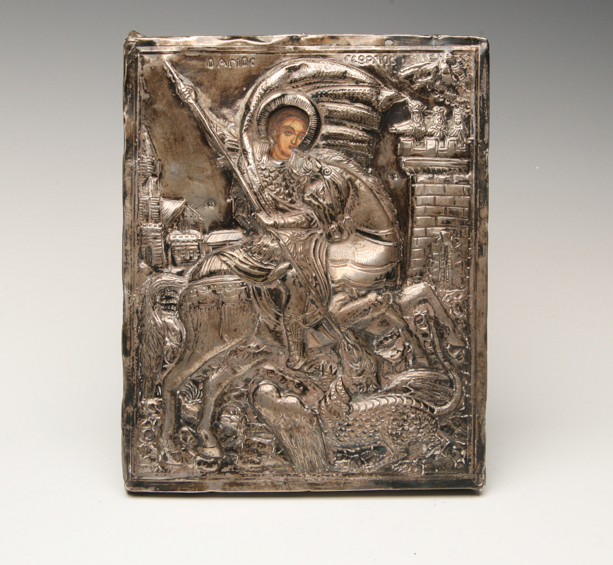 A 19TH CENTURY ST. GEORGE ICON WITH SILVER OKLAD
